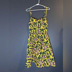 Pinup Couture Yellow and Pink Tiki Patterned Midi Dress